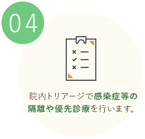 院内トリアージで感染症等の隔離や優先診療を行います。